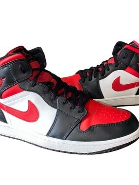Air Jordan 1 Mid Shoes "Bred Toe" Black Fire Red White 554724-079 Men Size 12